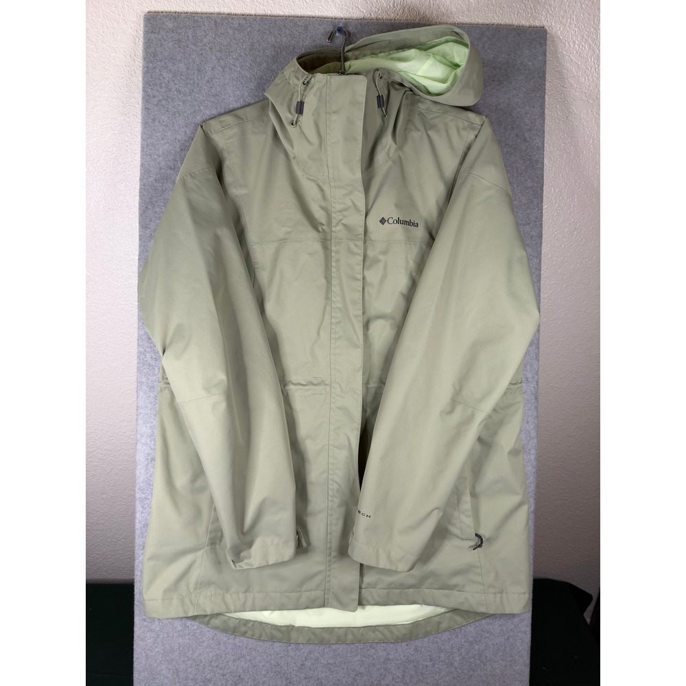Columbia Omni-Tech Rain Jacket Womens Large Tan Khaki Hooded Waterproof